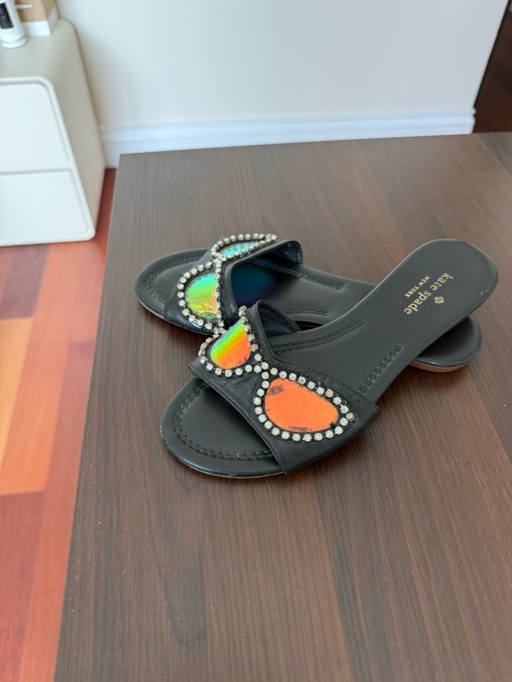 kate spade Black Leather Slide Sandals with Iridescent Gem Accents - Picture 3 of 3